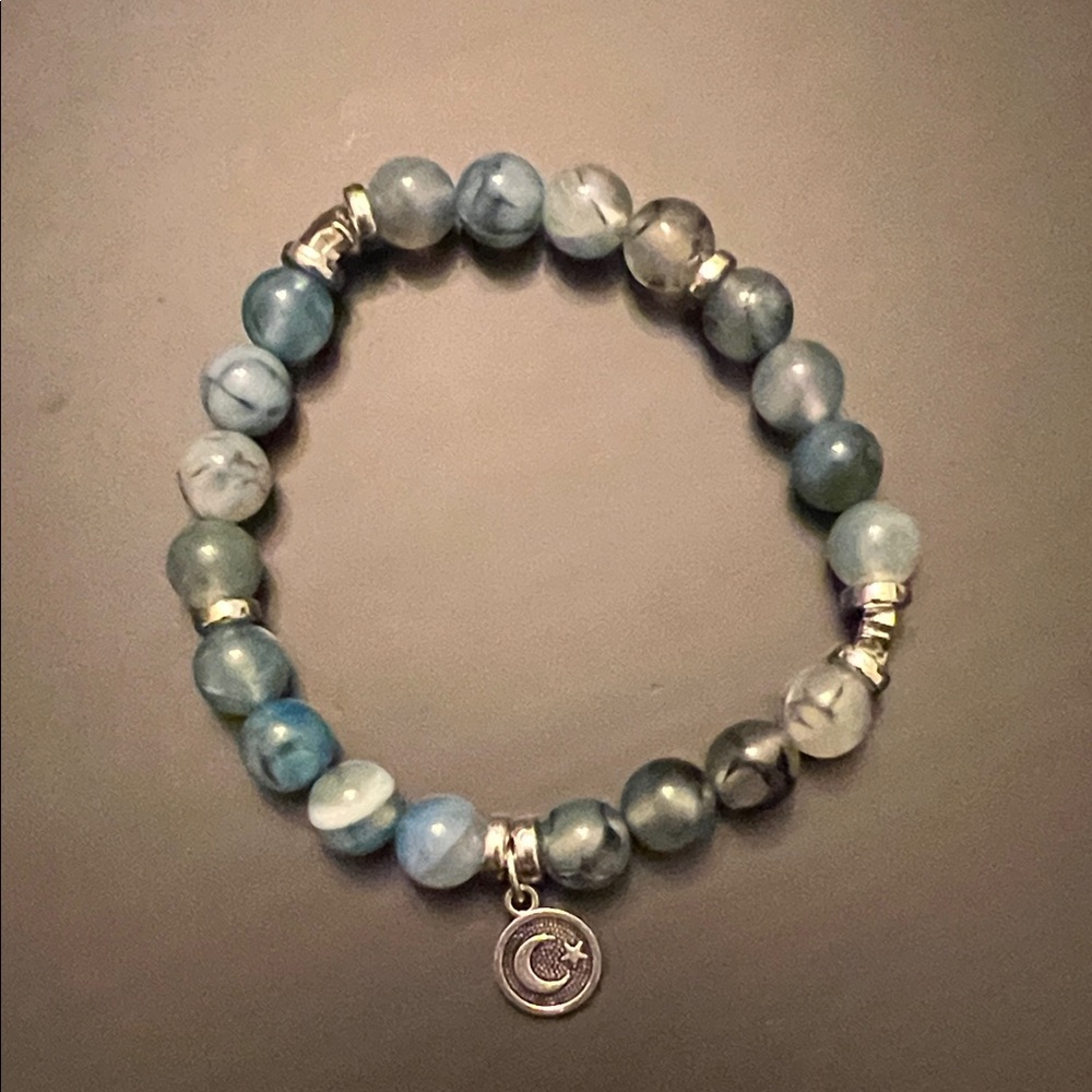 Hand Crafted Blue Bracelet with Silver Moon Charm